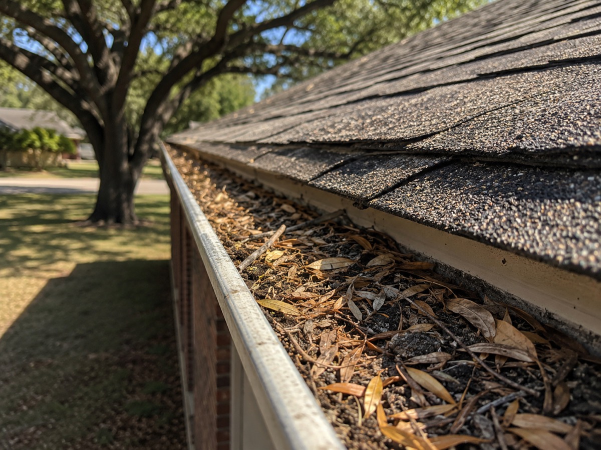 Gutter clogged with live oak leaves and debris on a Dallas home